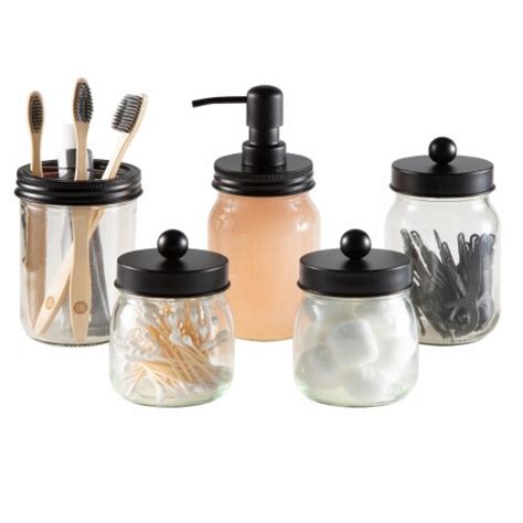 Lavish Home 5 Pc Bathroom Accessory Set Glass Jars Black Top Soap