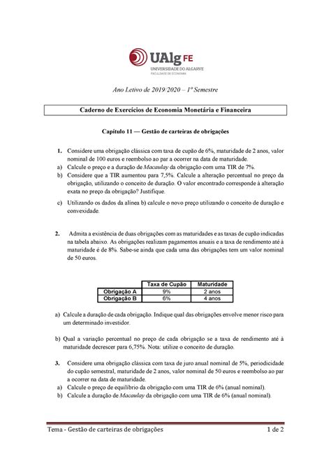 Caderno exercicios 11 2019 2020 Economia Monetária e Financeira