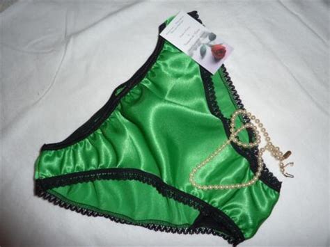 Emerald Green Shiny Satin Panties Low Rise Bikini Briefs Black Lace