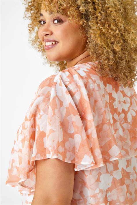 Curve Floral Chiffon Overlay Top In Coral Roman Originals Uk