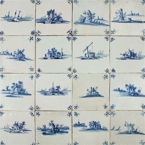 Antique Dutch Delft Wall Tiles With Landscapes In Blue 17th Century