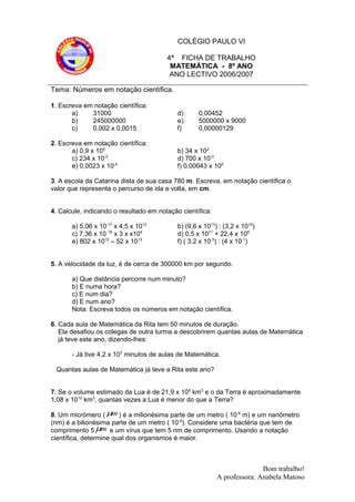 Ficha De Trabalho N 4 Notacao Cientifica PDF