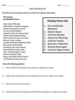 Poetry Comprehension Worksheets By Rigorous Resources By Lisa Tpt