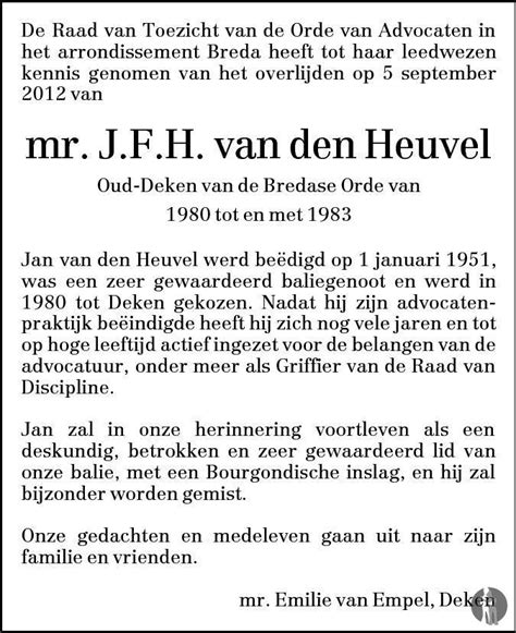 Mr Jan Van Den Heuvel Overlijdensbericht En Condoleances