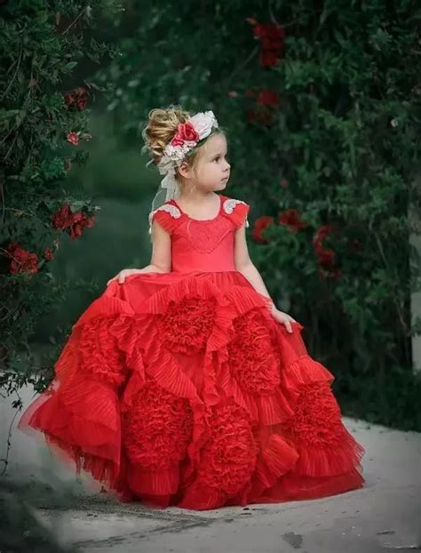 Vermelho Babados Vestidos Da Menina De Flor Para Casamentos Tutu