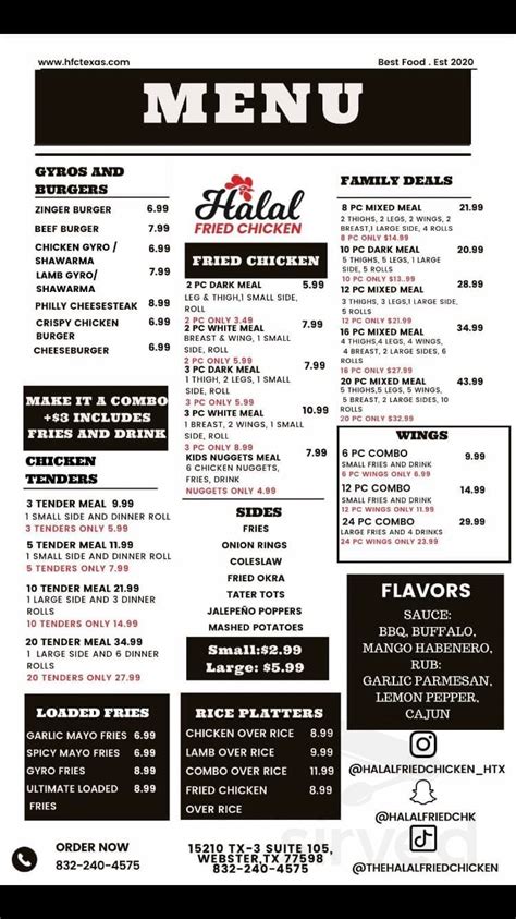 Halal Fried Chicken Menu In Webster Texas Usa