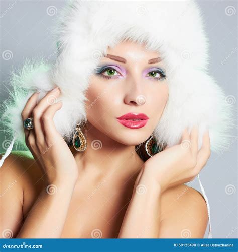 Beautiful Naked Woman In Fur Hat Stock Photo Image Of Happy Lipstick