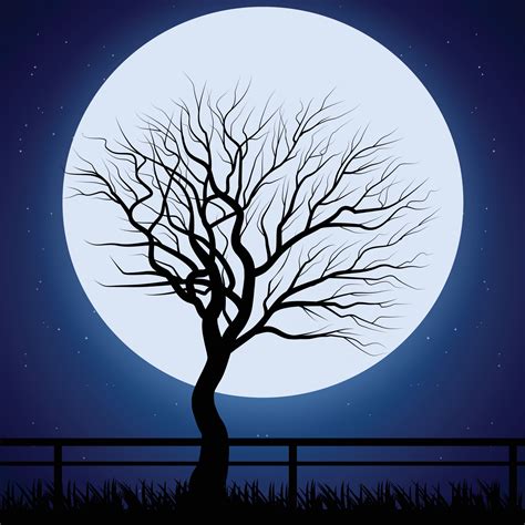 Silhouette Of Tree Over A Moon On A Dark Night Sky Vector Art