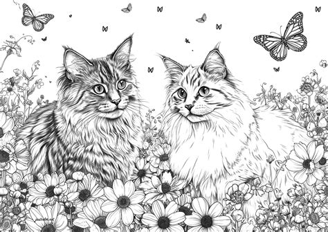 Two very realistic cats with flowers and butterflies - Cat Coloring Pages for adults