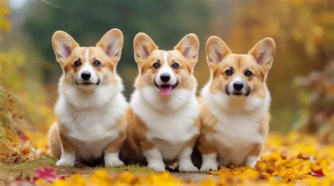 Three Corgi Dogs Sitting In Some Leaves Near Other Trees Background, Show Me Pictures Of Corgis ...