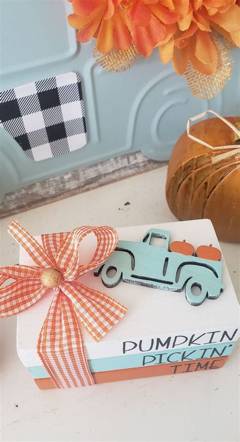 Fall Mini Book Stack Vintage Farmhouse Truck Pumpkins Tier Tray Decor