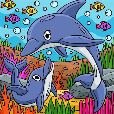 Premium Vector Mother Dolphin And Baby Dolphin Colored Cartoon