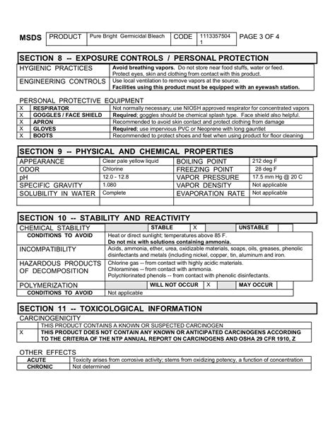 Printable Msds Data Sheets Bleach