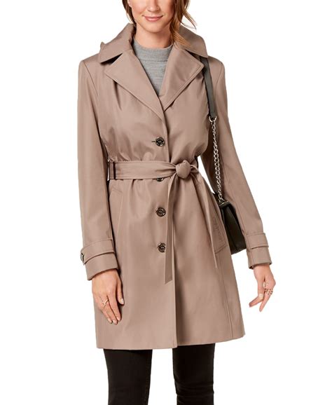 Calvin Klein Womens Petite Brown Belted Hooded Water Resistant Trench