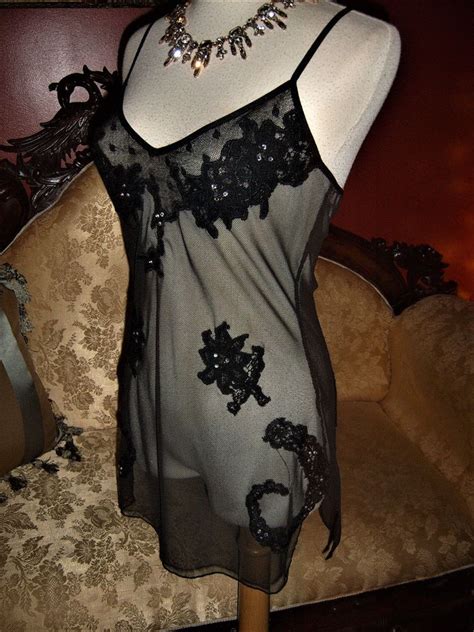 Black Sheer Victorias Secret Negligee Nightgown Rhinestones Lace