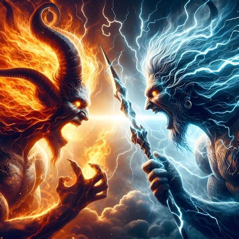 Premium AI Image | legendary fire god VS legendary lightening god