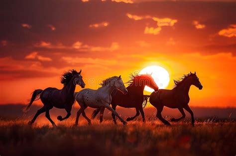 Majestic Horses Galloping at Sunset Stock Illustration - Illustration ...