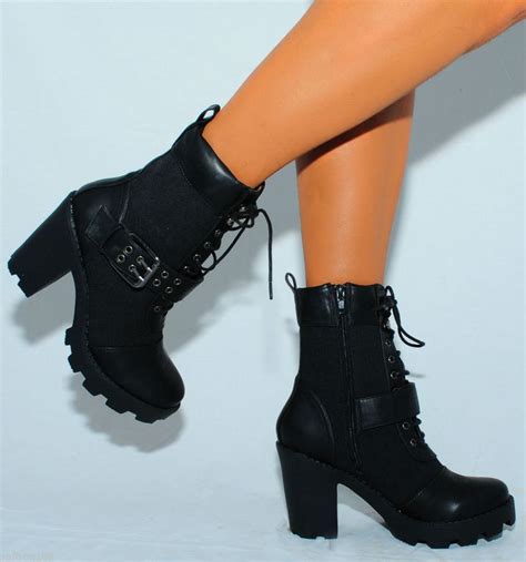 Womens Fashion Ankle Boots Black Military Combat Army High Heel Block