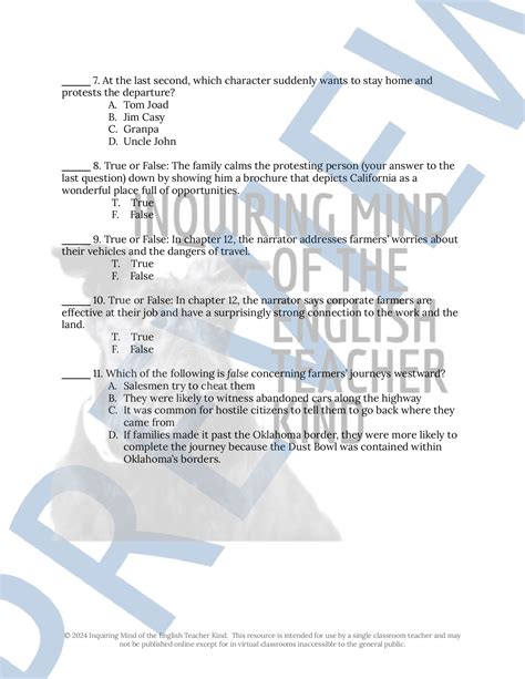 The Grapes of Wrath Quiz and Answer Key (Chapters 10, 11, and 12