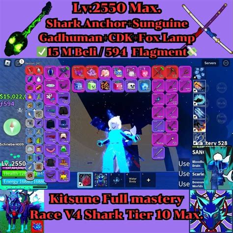 Bounty 2 4M Lv 2550 Max Kitsune Full Mastery Race V4 Shark Tier 10 Max