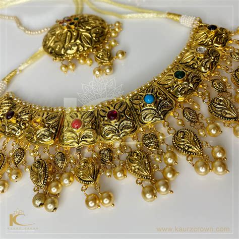 Naurangi Traditional Antique Gold Plated Necklace Set Kaurzcrown