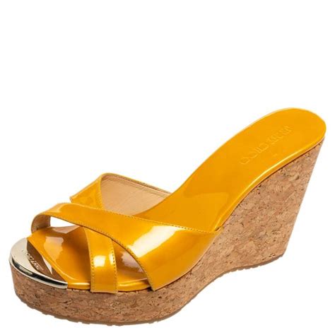 Jimmy Choo Yellow Patent Leather Prima Cork Wegde Slides Sandals Size