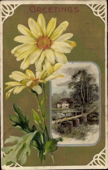 Pr Ge Passepartout Ansichtskarte Postkarte Blumen Haus Am Bach