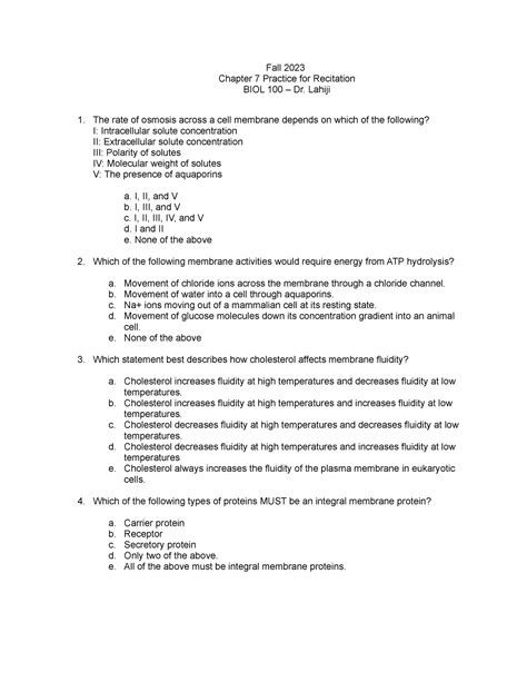 Annotated Ch 7 Practice Fall 2023 Chapter 7 Practice For Recitation Biol 100 Dr Lahiji The