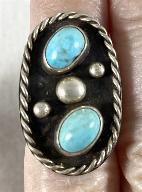 Old Pawn Navajo Sterling Silver Turquoise Ring Size 5 Gem