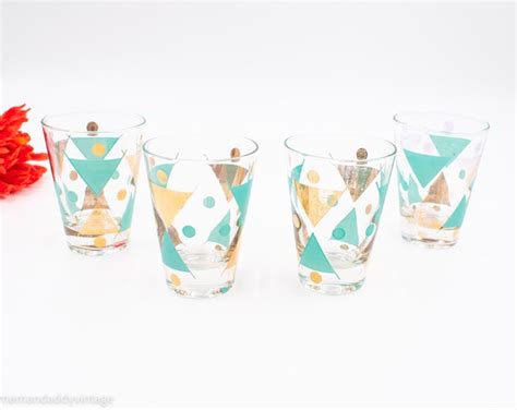 Gay Fad Time And Tide Cocktail Glasses Teal And Gold Triangles Set Of 4 Etsy