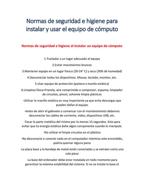 Normas De Seguridad E Higiene Para Instalar Y Usar El Equipo De C Mputo