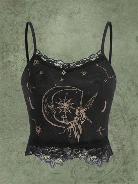 Romwe Hippie Sun Moon Graphic Contrast Lace Cami Top Shein Usa