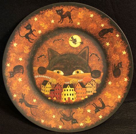 Halloween Folk Art Plate Huge Black Cat Peering At A Saltbox Etsy