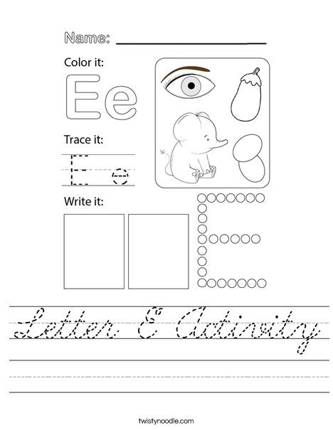 Letter E Activity Worksheet - Cursive - Twisty Noodle