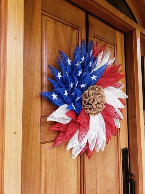 Patriotic Flag Americana Poly Burlap Flower Wreath Memorial Etsy