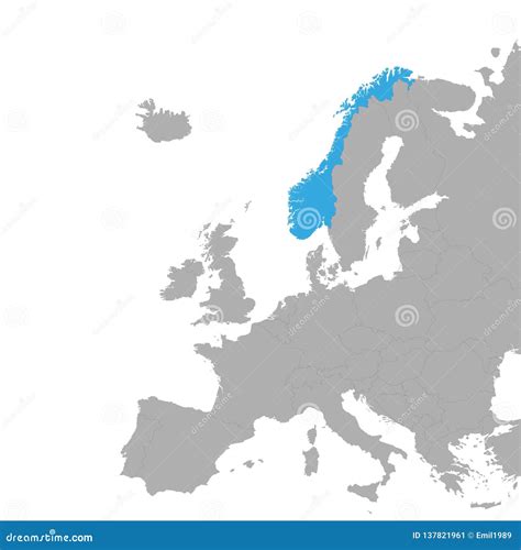 The Map Of Norway Is Highlighted In Blue On The Map Of Europe Stock