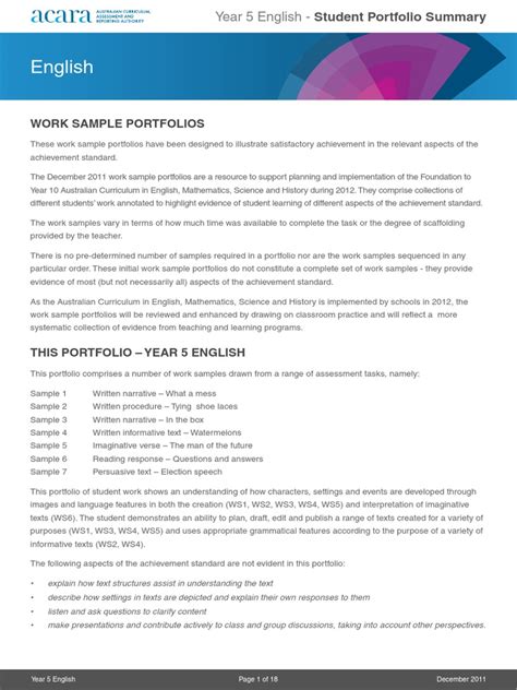 english work sample portfolios  english language reading