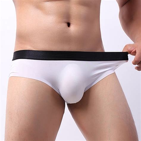 Edgy Mens Black Ice Silk U Convex Tight Elastic Middle Waisted Briefs