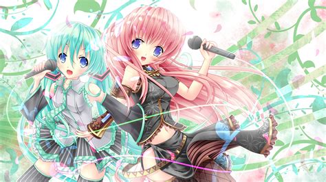 2girls Akairo No Mako Aqua Hair Blue Eyes Blush Green Hair Hatsune Miku Megurine Luka Microphone