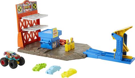Hot Wheels Monster Trucks Blast Station Playset With Toy Demo Derby Crushable Cars
