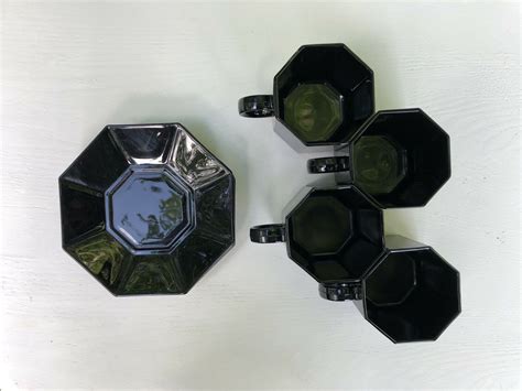 Vintage Late 1980s Arcoroc Arcopal Luminarc Octime Black Tea Set Cup With Matching Saucer