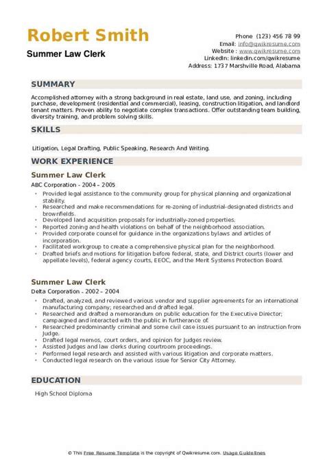 Summer Law Clerk Resume Samples Qwikresume