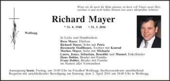 Traueranzeigen Von Richard Mayer Mittelbayerische Trauer