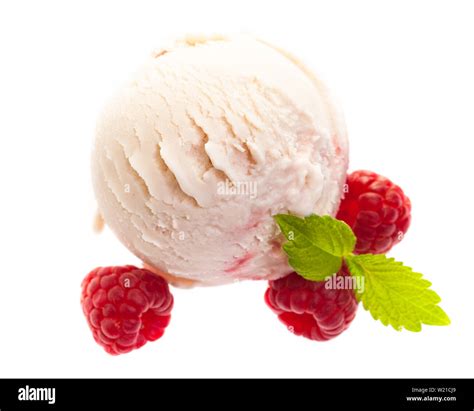 A Single Yoghurt Raspberry Ice Cream Scoop With Raspberries From