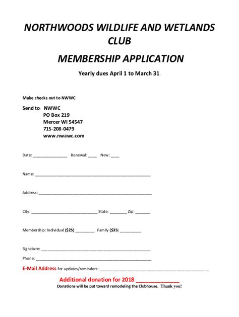 Fillable Online Northwoods Wildlife Wetlands Club Membership Form Fax