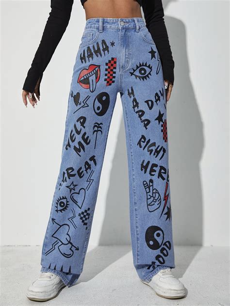 Medium Wash Denim Letter Figure Wide Leg Non Stretch Women Denim Custom