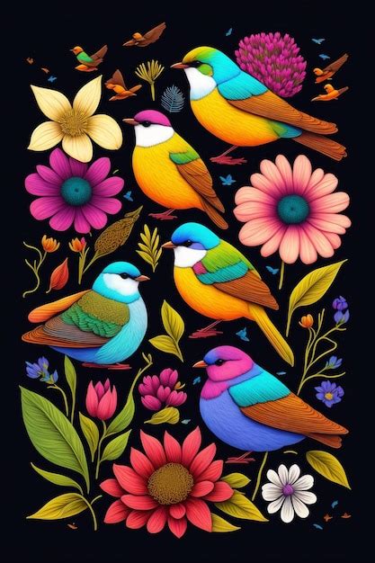 Premium AI Image | A colorful painting of birds and flowers.