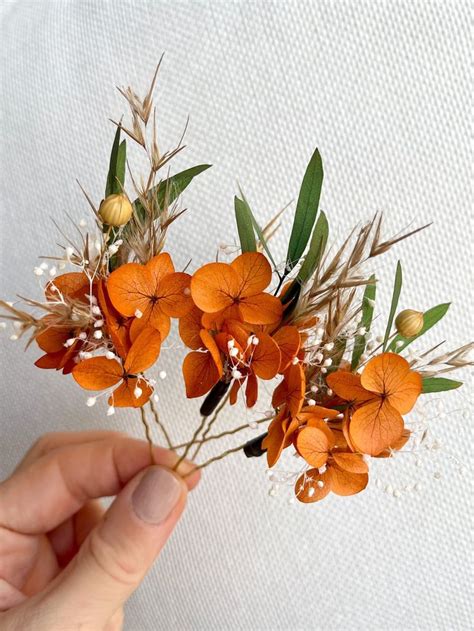 Rust Orange Dried Flower Hair Pins Fall Autumn Wedding Hair Pins