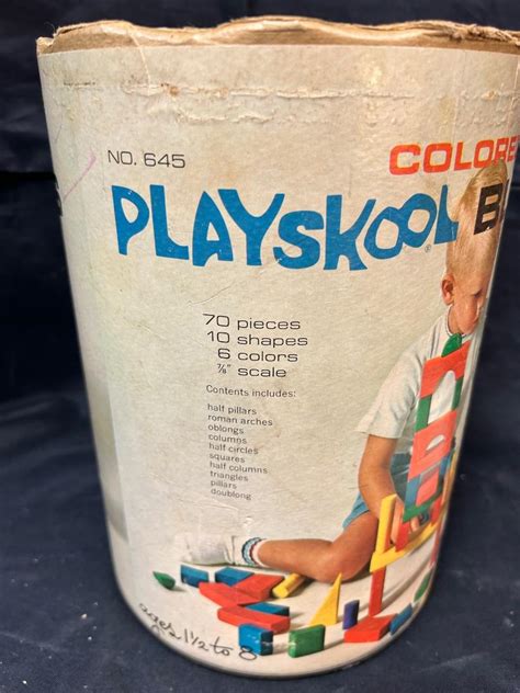 Vintage Playskool Colored Wood Blocks With Original Container