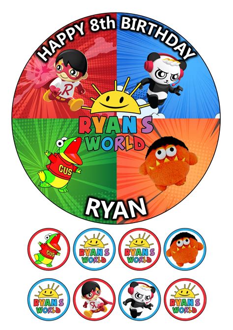 Ryans World Icing Birthday Cake Topper & 8 Cupcake Toppers